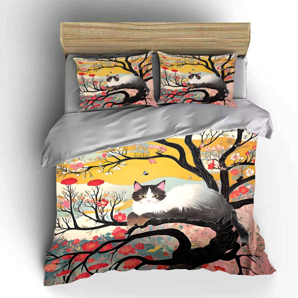 "Cat Art Three-Piece Decorative Set" Bedding Set with 1 Duvet Cover 2 Pillowcases Single Double King Queen, Gift