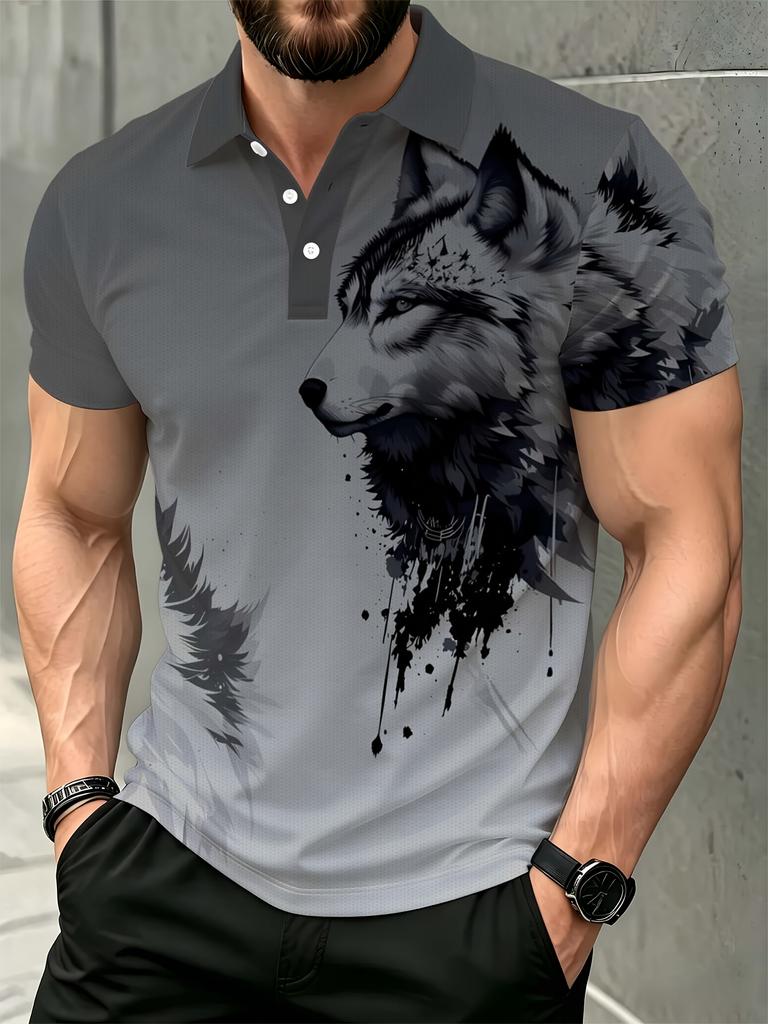 Men's Polo Shirt, Ink Wash Wolf Print T-Shirt, Summer Fashion Commuting Apparel, , Men's Clothing