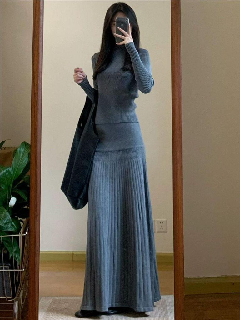 Elegant French Knit Waist-Cinched Women's Long Skirt