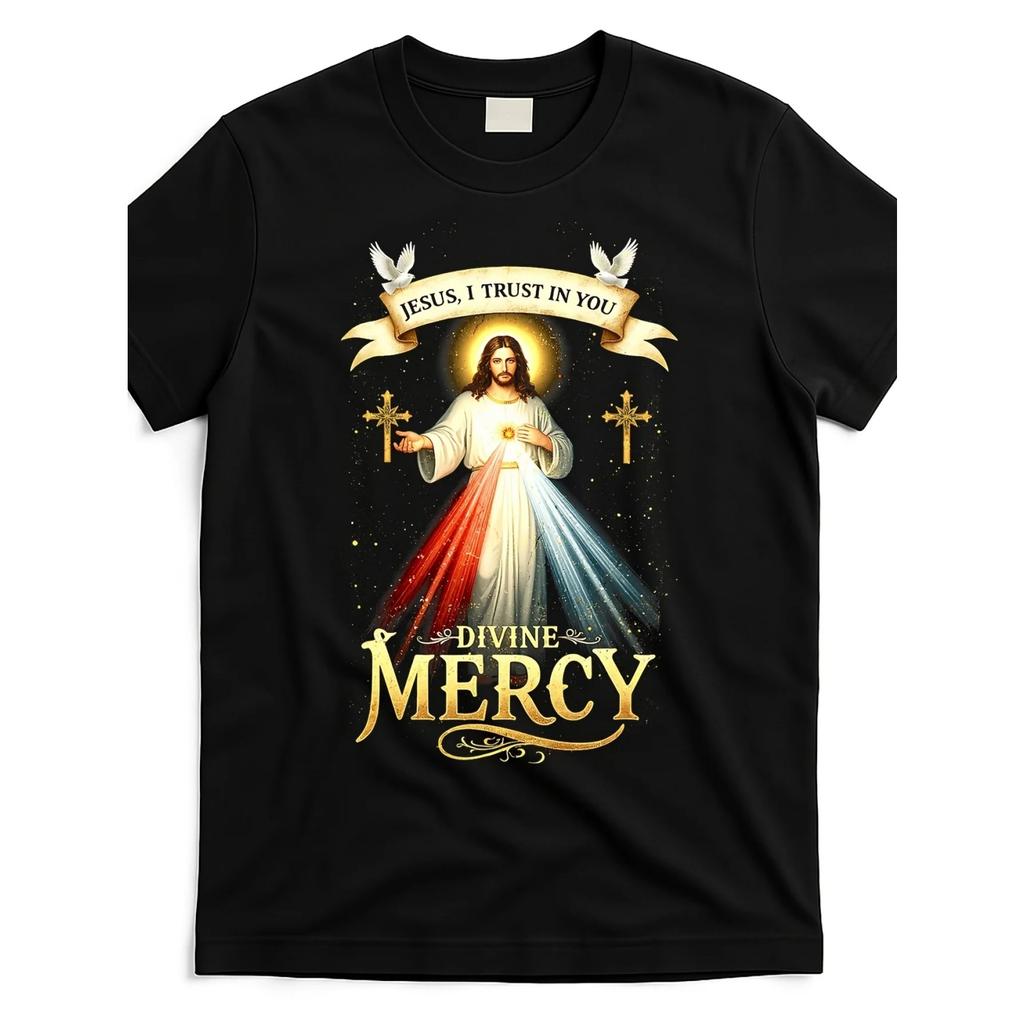 I Trust in You Divine Mercy Catholic Christian Jesus T-Shirt 100% Cotton O-Neck Short Sleeve Summer Casual Mens T-shirt