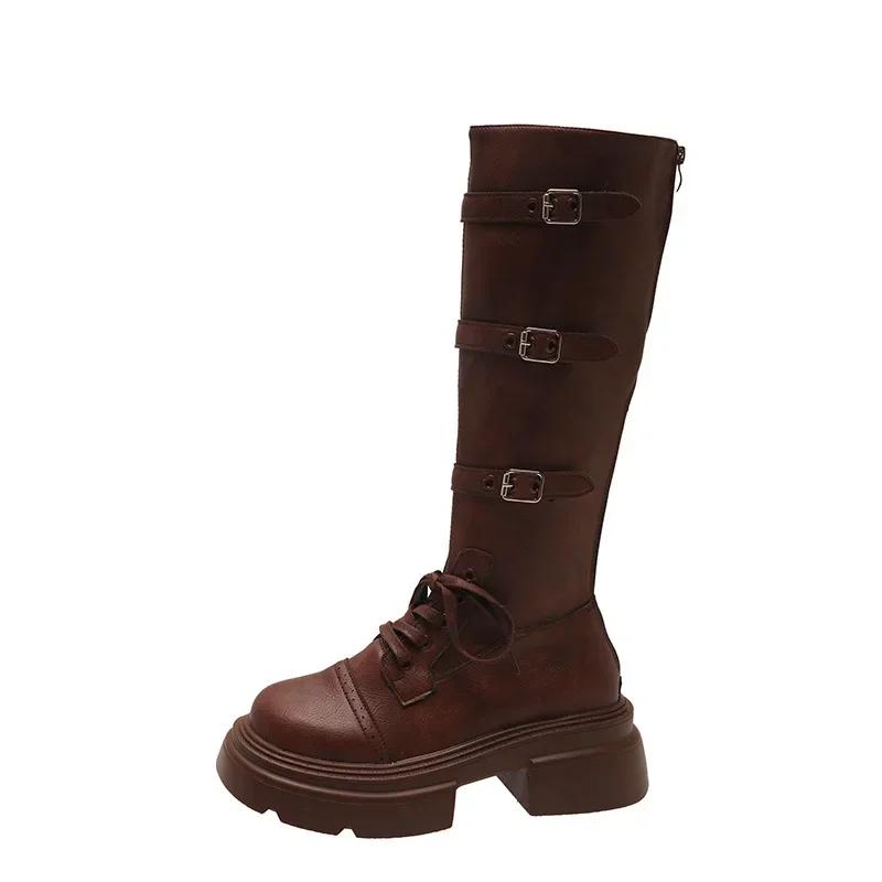 Fashion Fairy Wind Thick Heel Belt Buckle Thin Boots Female 2025 Autumn New Thick-soled Maillard Knee Boots