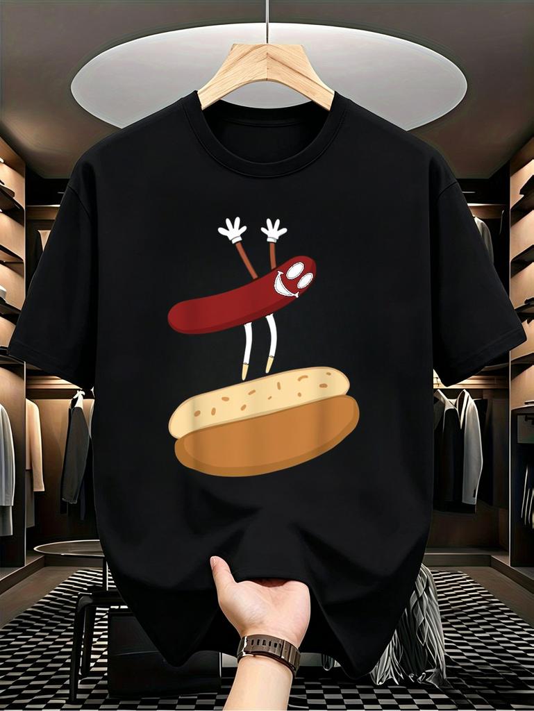 1pc Male Graphic T Shirt Funny Jumping Hot Dog Pattern Short Sleeve Crew Neck for Teenagers, for Teenager