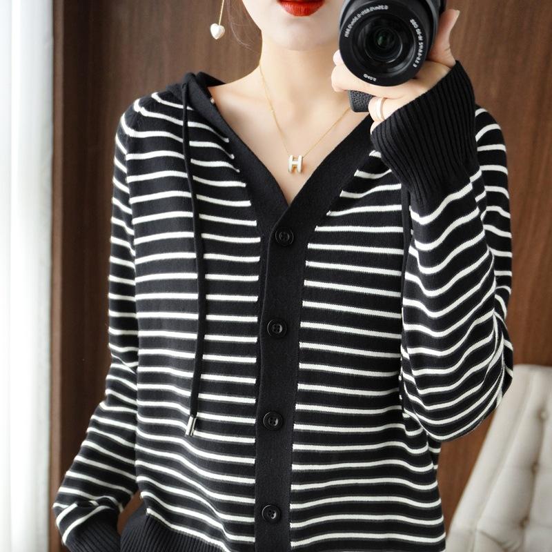 Hooded Knitted Sweater Autumn New Striped Long-sleeved Cardigan Jacket Loose Outer Top Women