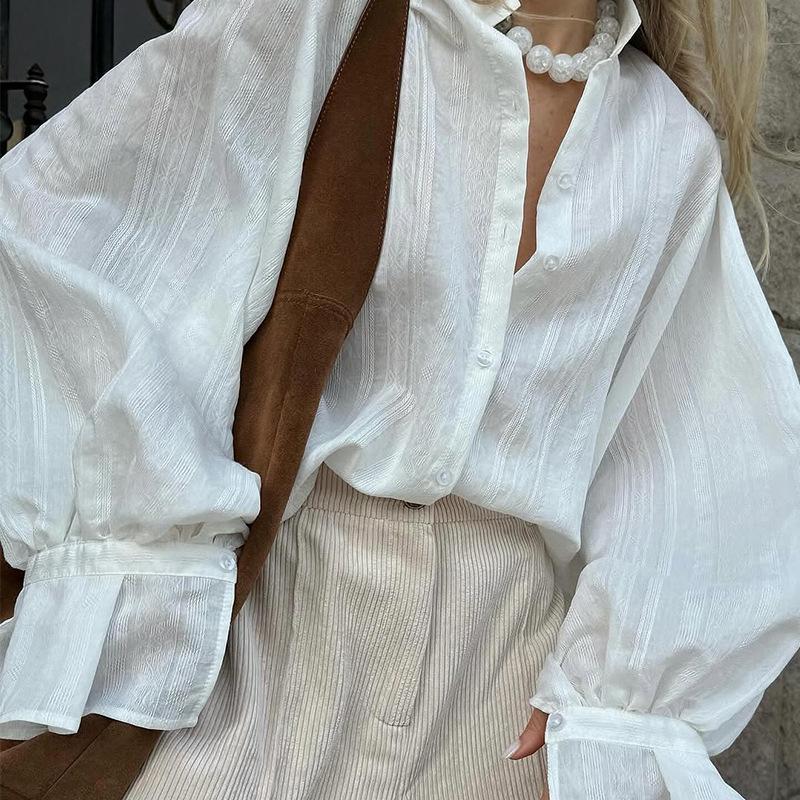 2025 Summer Women's Lapel Long-Sleeve Shirt: European & American Style, Loose Simple Design