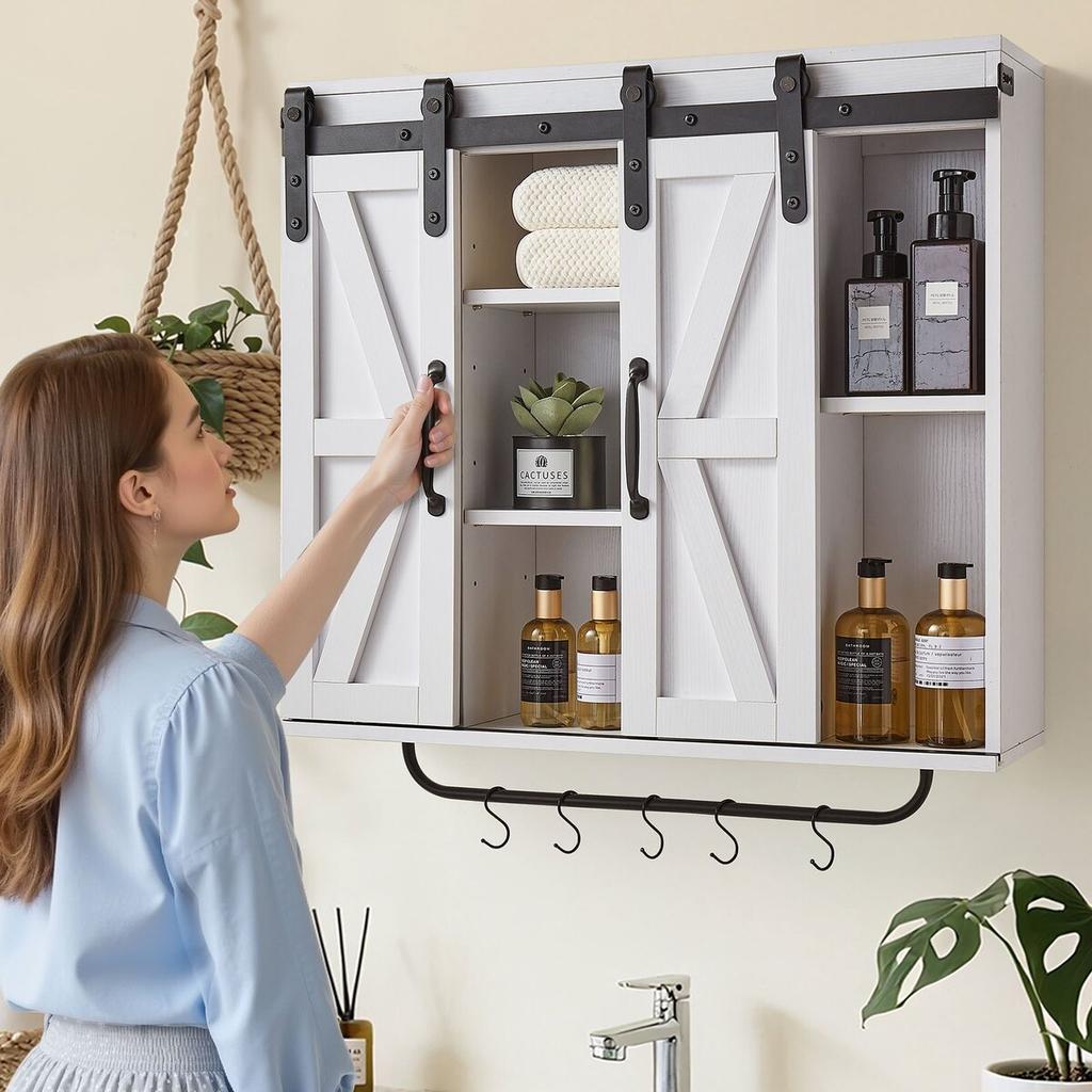 Bathroom Wall Cabinet, 2 Doors and Adjustable Shelf, Over the Toilet Storage Medicine Cabinet Wall Mounted, Hanging Organizer with Open
