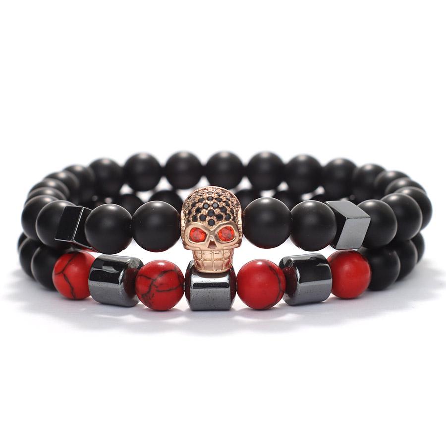2Pcs Men Skull Bracelet Set Natural Hematite Turquoise Onyx Beaded Braclet Hip Hop Rock Riding Male Wrist Guard Accessories