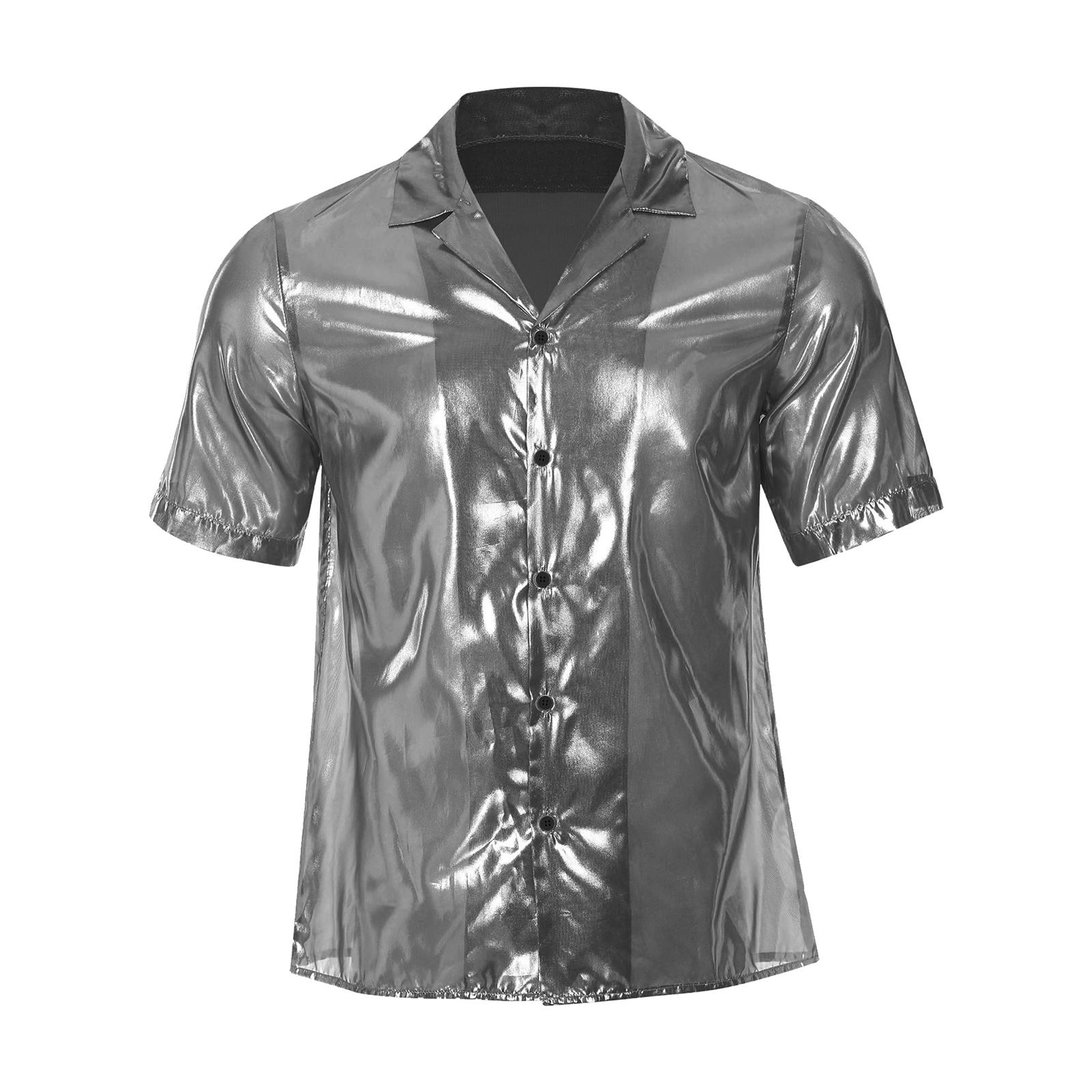

Mens See Through Shirt Turn Down Collar Short Sleeve Water Ripple Shine Beachwear Clubwear Top S срібний