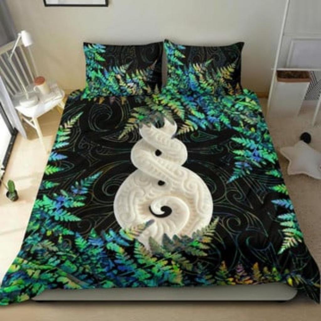 Duvet Cover Set Pikorua Double Twist Silver Fern Paua Shell Aotearoa New Zealand Bedding Set Tmarc Tee
