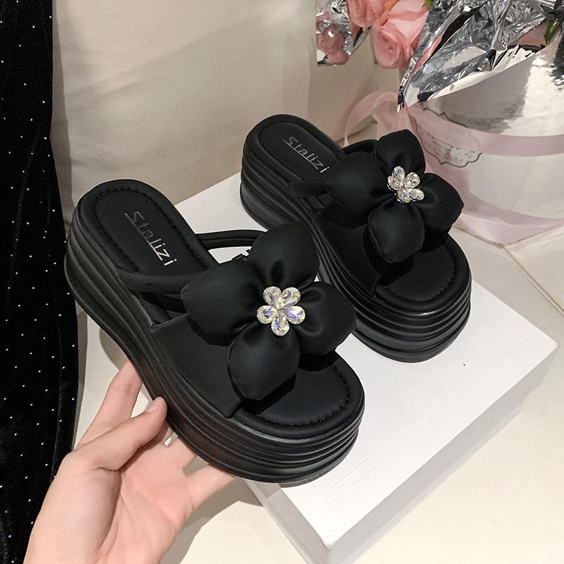 Fashion 8CM High Heels Slippers Women 2025 Summer New Thick-Soled Ladies High Platform Flower Beach Sandals Flip Flops Shoes