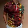 Geometric Pattern Short Sleeve Polo Shirt with Zip Collar, Casual Trendy Wear