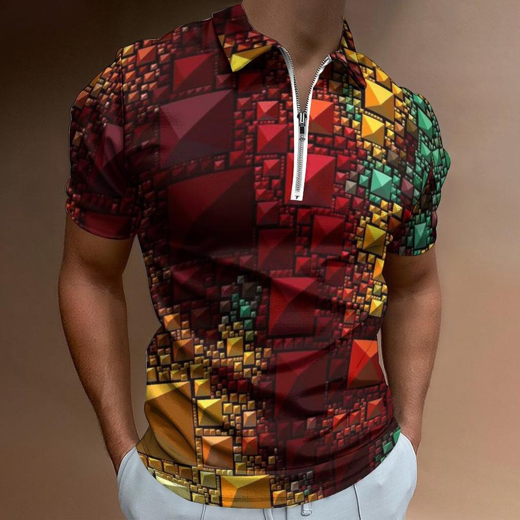 Geometric Pattern Short Sleeve Polo Shirt with Zip Collar, Casual Trendy Wear