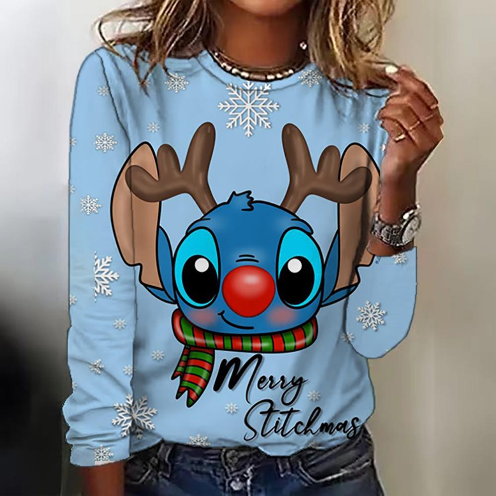 New women's round neck T-shirt long sleeved top Disney Christmas Stitch print fashionable and trendy women's T-shirt top for aut