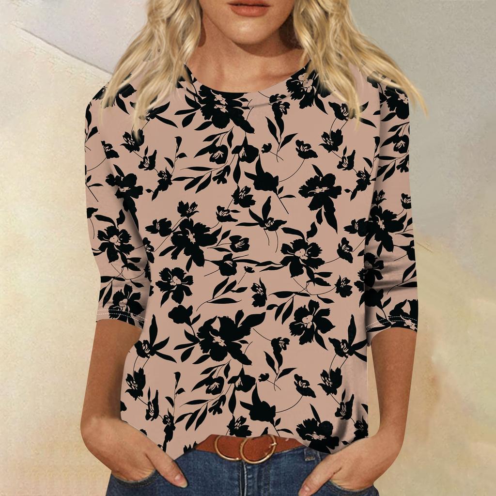 Women's Casual Round Neck Three Quarter Sleeve Floral Print Top Lightweight Soft Fabric Comfortable Fit