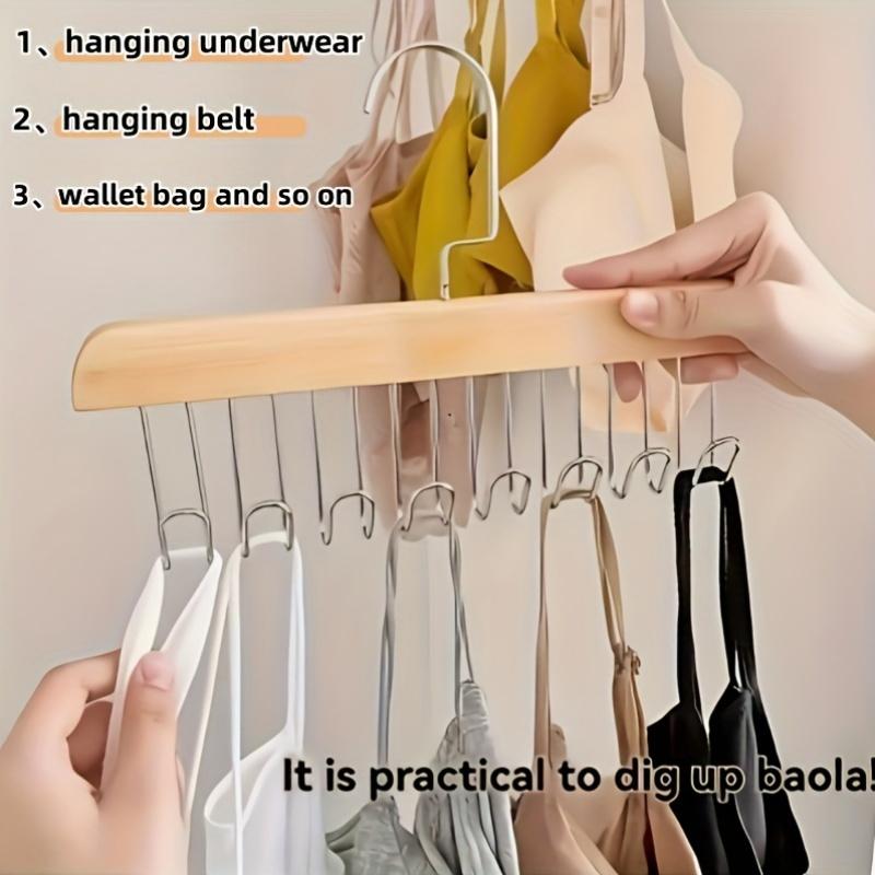 1pc Solid Wood Hanger 8 Hooks, Hook Hanger Underwear with Storage Artifact, Clothing Hanger, Clothing Storage Rack Saves Space 360 Degree Rotation