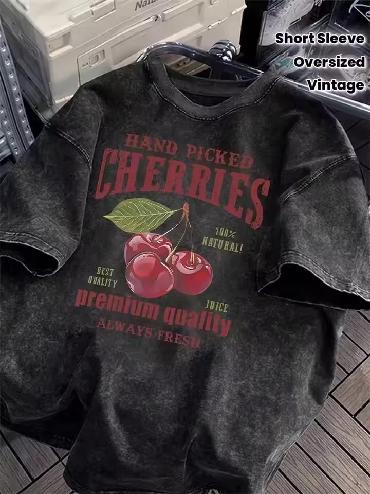 Women's Vintage Washed Cherry Graphic T-Shirt - Short Sleeve Cherries Design, Summer Casual Top Basic Round Neck Tops