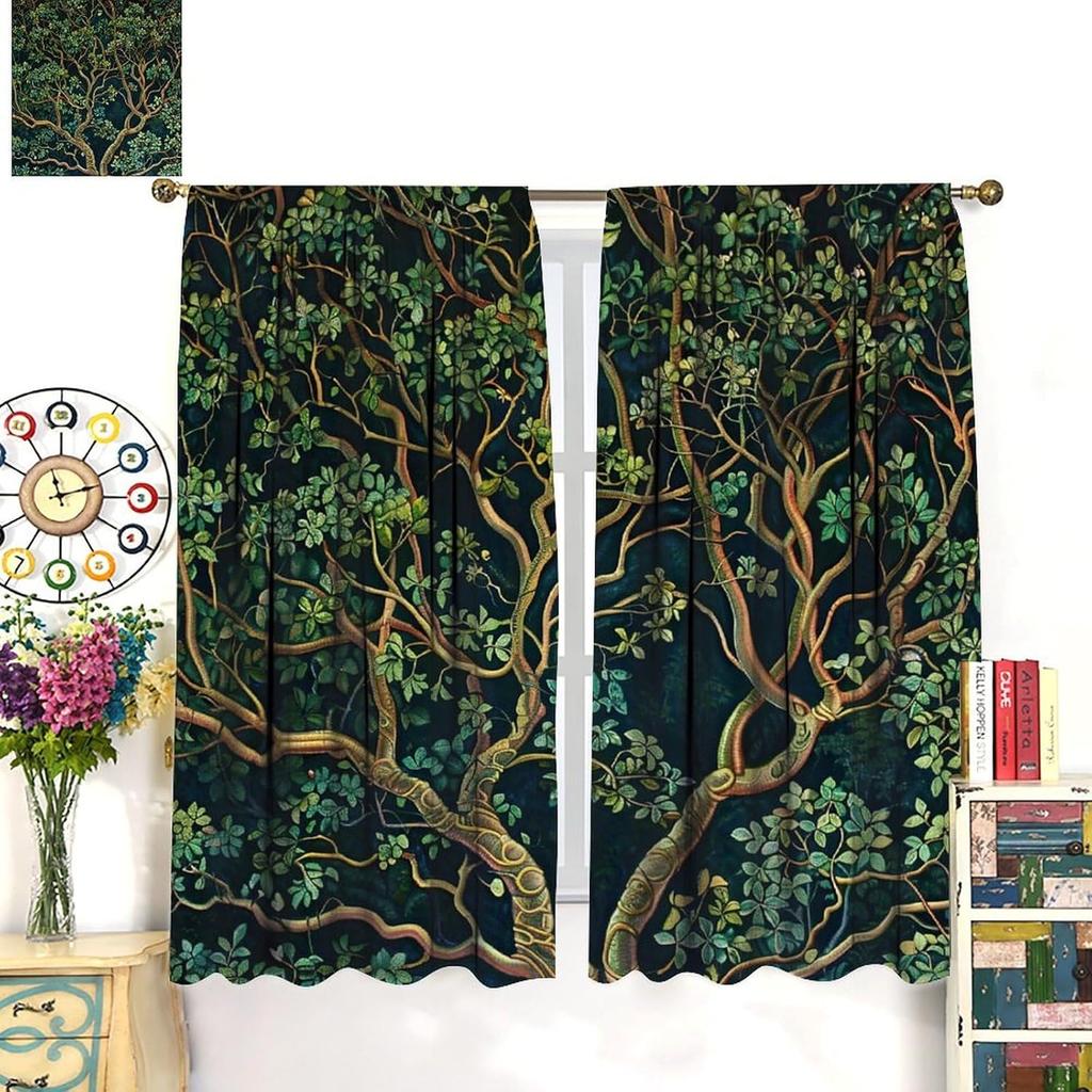 Rustic Farmhouse Forest Blackout Curtains   Vintage Watercolor Green Forest Tree Nature Landscape Window Drapes   for Living Room