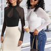 Women's Solid Mesh Mock Neck Cutout Bodysuit Long Sleeve Slim Fit Sheer Top Thong Body Suit Going Out Tops Airplane Outfit Women