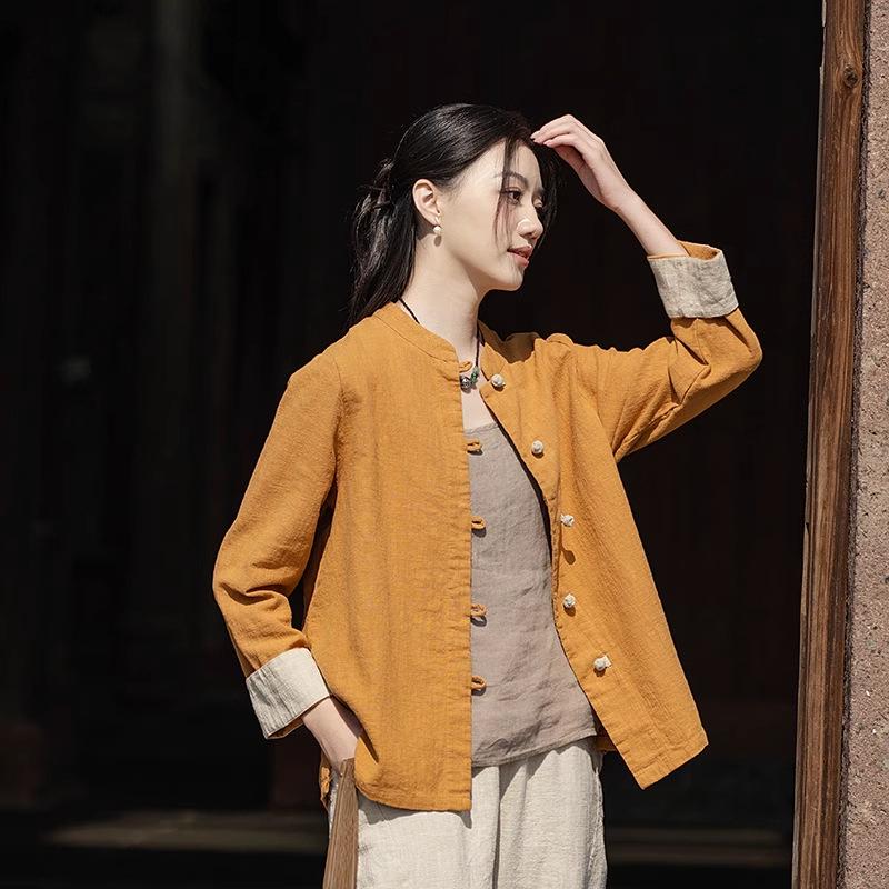 Young Women's Cotton-Linen Zen-Inspired Frog Button Cardigan for Eight Brocades Exercise