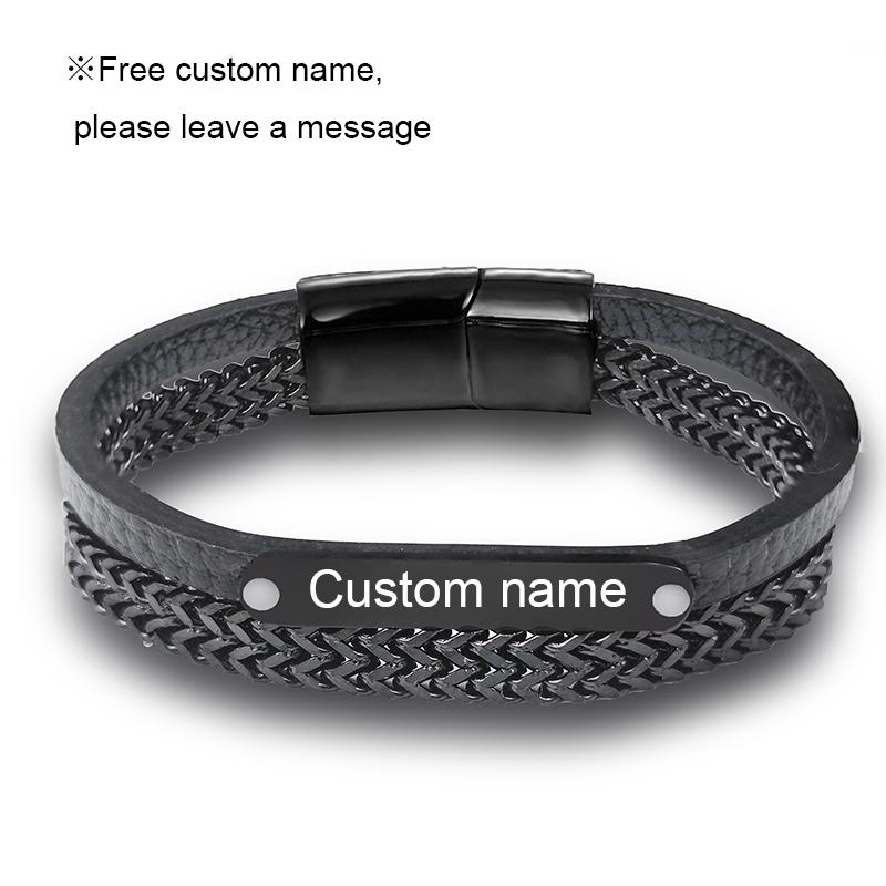 

Custom Family Name Leather Bracelet Men s Stainless Steel Magnetic Clasp Doublelayer Wrapping Classic Bangle Male Jewelry Gift 18.5cm
