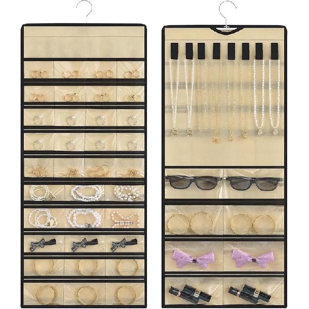 Hanging Jewelry Organizer with Multi-size pockets Double-Sided Jewelry Holder for Earrings, Necklaces, Rings on Closet, Wall, Door,Jewelry Organizer