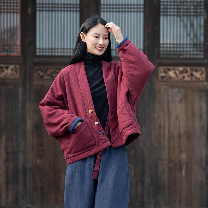 2025 Winter Women's Cotton Linen Retro Quilted Coat with Frog Buttons