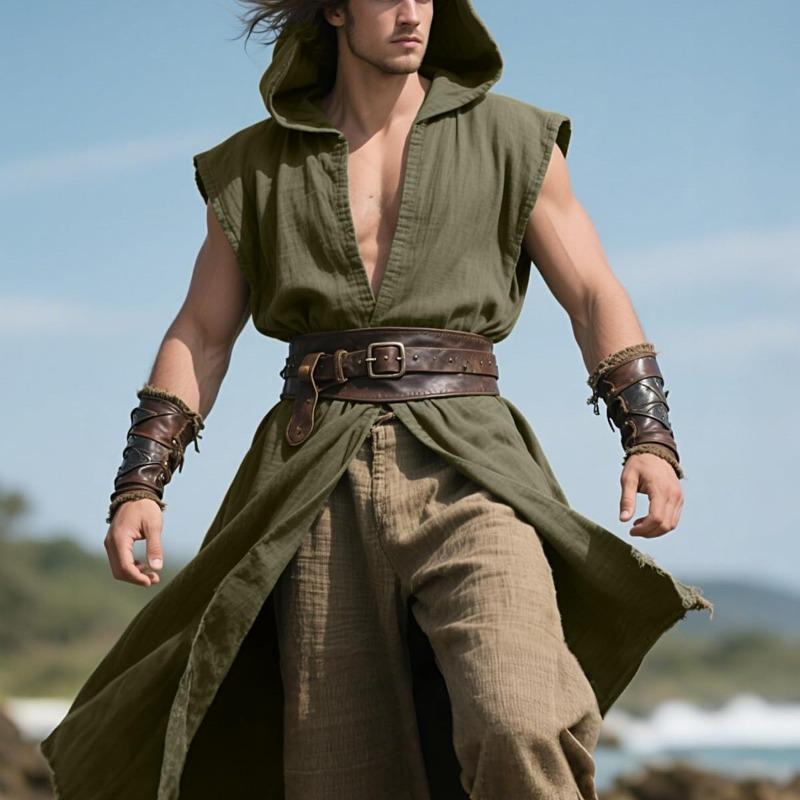 Men's Medieval Hooded Surcoat Renaissances Tabard Sleeveless Tunics Cloak Themed Costume Holloween Assassin Cosplay