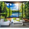 FENDROM Nature Green Window View Tapestry,Outdoor Lake Forest Landscape Tapestries, Sunshine Through Window Large Wall Hanging for Bedroom Living