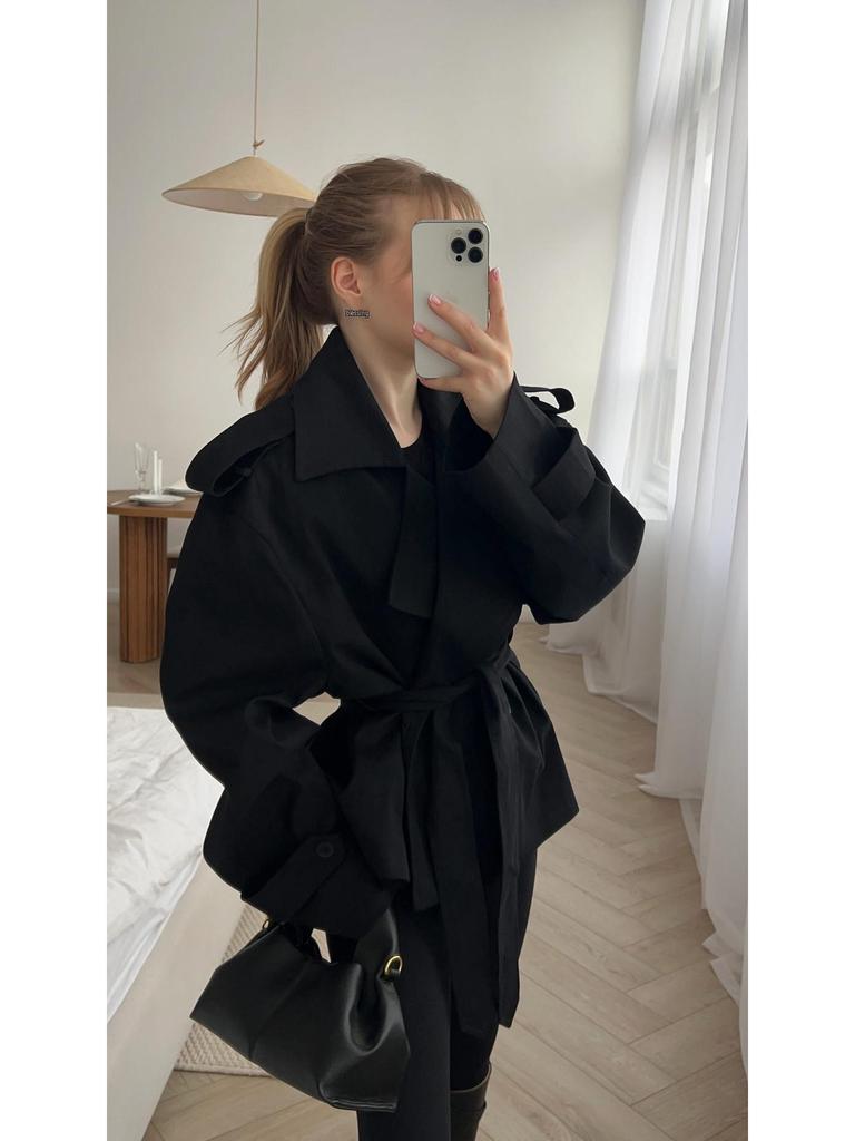 2025 Spring-Autumn Solid Color Belted Short Trench Coat