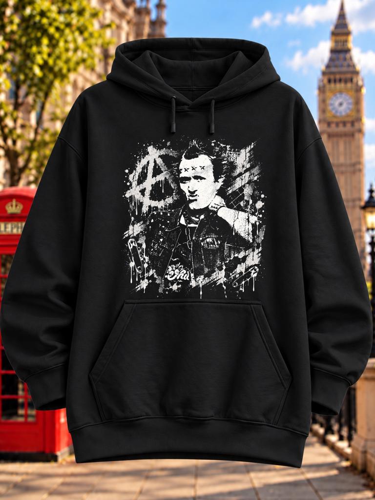 Unisex Hoodie Monochrome Punk Rock Portrait with Spiky Haired Musician with Studded Punk Styling Anarchy Symbol Paint Splatters and Grunge Texture
