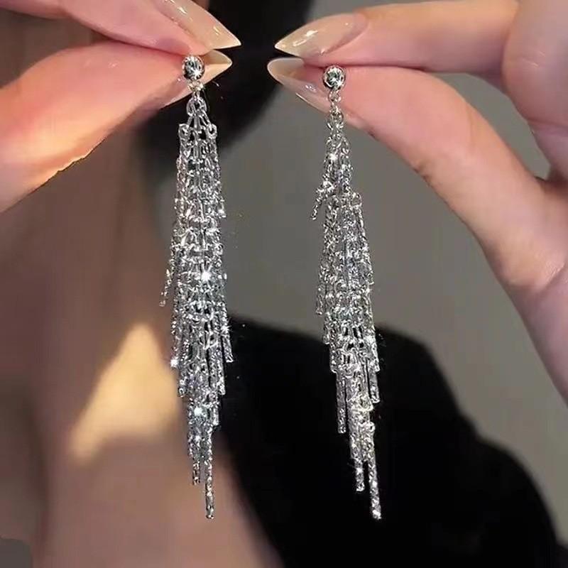 Fashion Shiny Long Tassel Chain Round Circle Hoops Earrings For Women Geometric Gold Color Metal Earrings Wedding Jewelry Gift