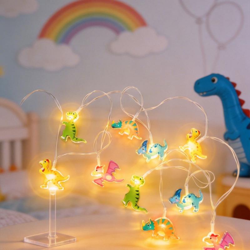 Battery-Operated Dinosaur String Lights - Colorful Kids' Room Decoration & Outdoor Night Light