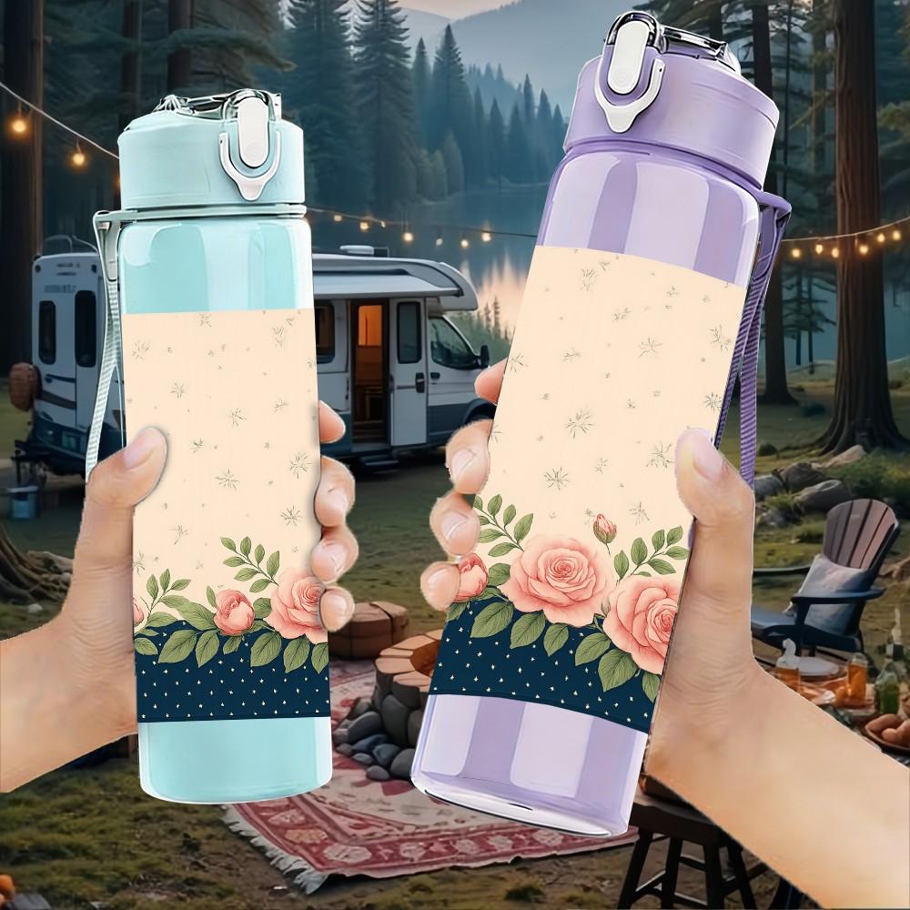 1PC Beige Vintage Floral Texture 750ml Color Plastic Sports Water Bottle Leakproof Flip Straw Lid Suitable for Sports Office Home Use