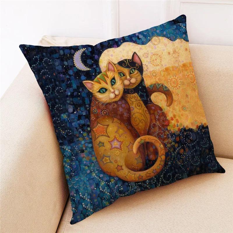 Nordic Style Peacock Cat Puppy Oil Painting Print Pillowcase 45x45 Cm Living Room Sofa Cushion Cover Bedroom Home Decoration