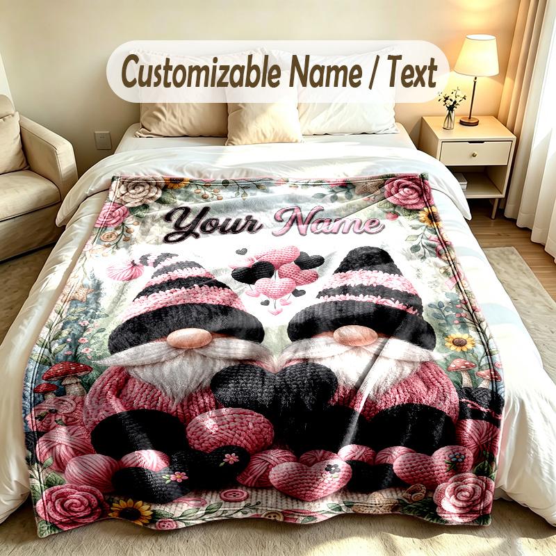 Gnome Theme Custom Blanket Personalized Name & Text Customized Soft Warm Throw Blanket Home Decor