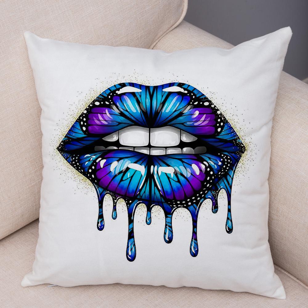 Bold Lip Art Pillowcase Double Print Leopard Pattern Cushion Cover Soft Plush Vibrant Design Pillow Case for Sofa Home Car