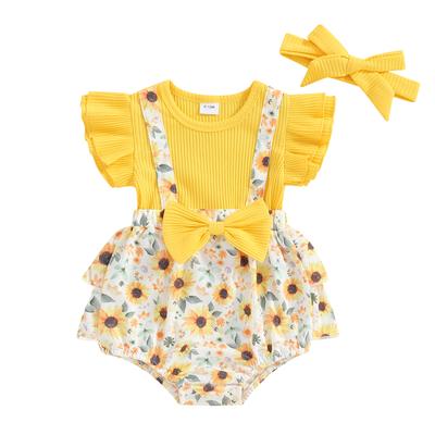 Baby Girl 2 Piece Summer Set, Fly Sleeve Sunflower Print 3D Bow Fake Two-Piece Romper + Ribbed Headband Infant Toddler Outfits