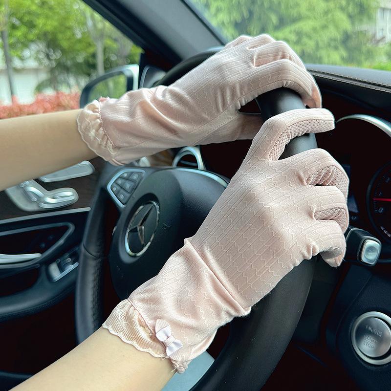 Ice silk spring and autumn thin ultraviolet summer riding driving cycling non-slip touch screen women's lace sunscreen gloves