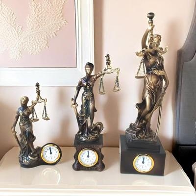 Lady Justice Statue Resin Figurine Ornament with Clock Scale of Justice Sculpture for Home Office Study Living Room Bedroom