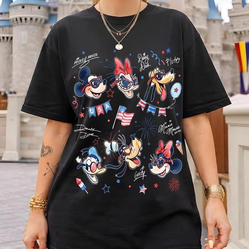 Patriotic Mickey And Friends Signatures Usa 250th Anniversary Tshirt S