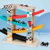 Interactive Slide Track Set Wooden Ramp Racer Car Toy, 4 Numbered Mini Cars And Parking Lot Sturdy Design, Development Hand-eye Coordination
