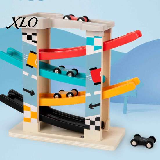 Interactive Slide Track Set Wooden Ramp Racer Car Toy, 4 Numbered Mini Cars And Parking Lot Sturdy Design, Development Hand-eye Coordination