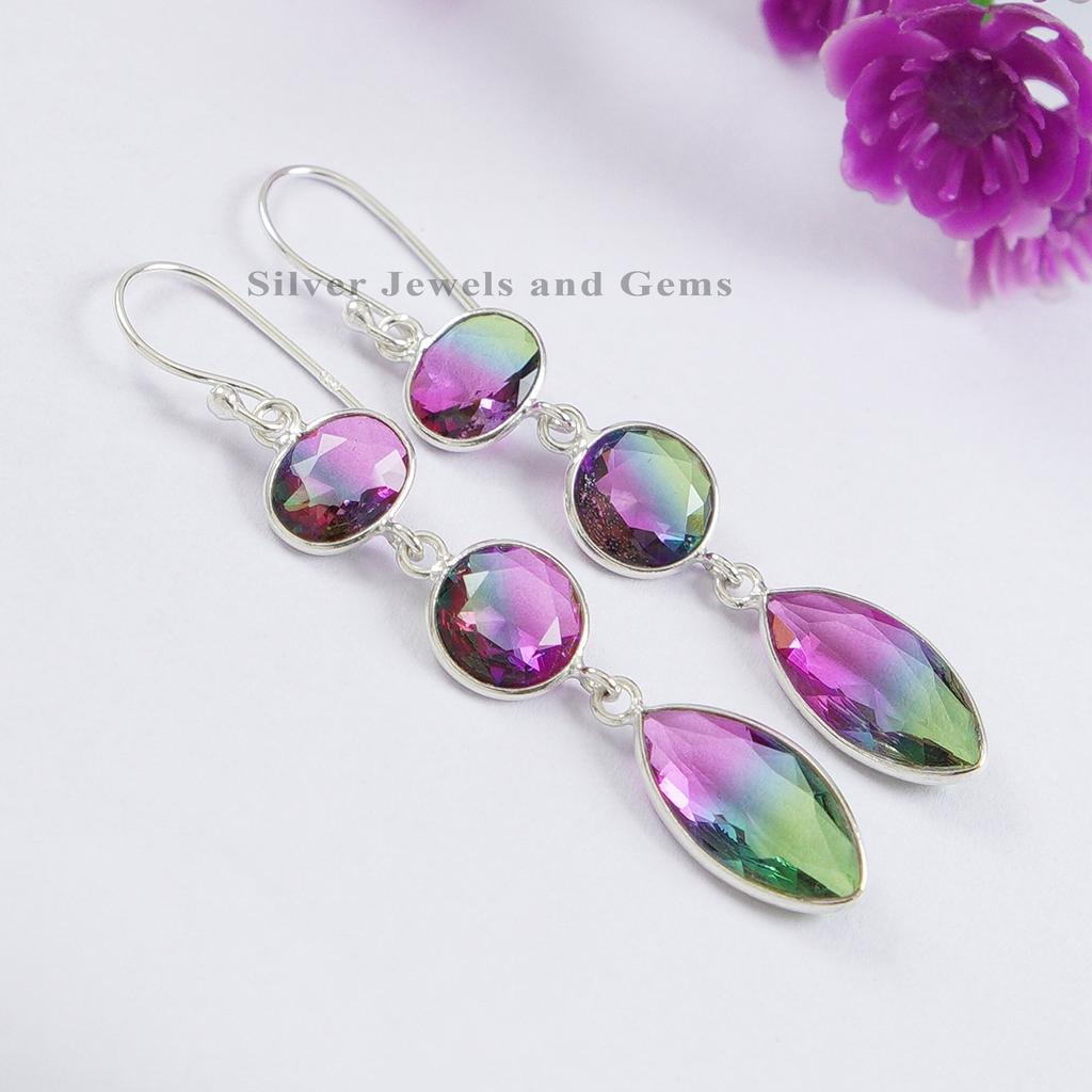 Watermelon Tourmaline Quartz Earrings: 925 Sterling Silver Dangle Earrings