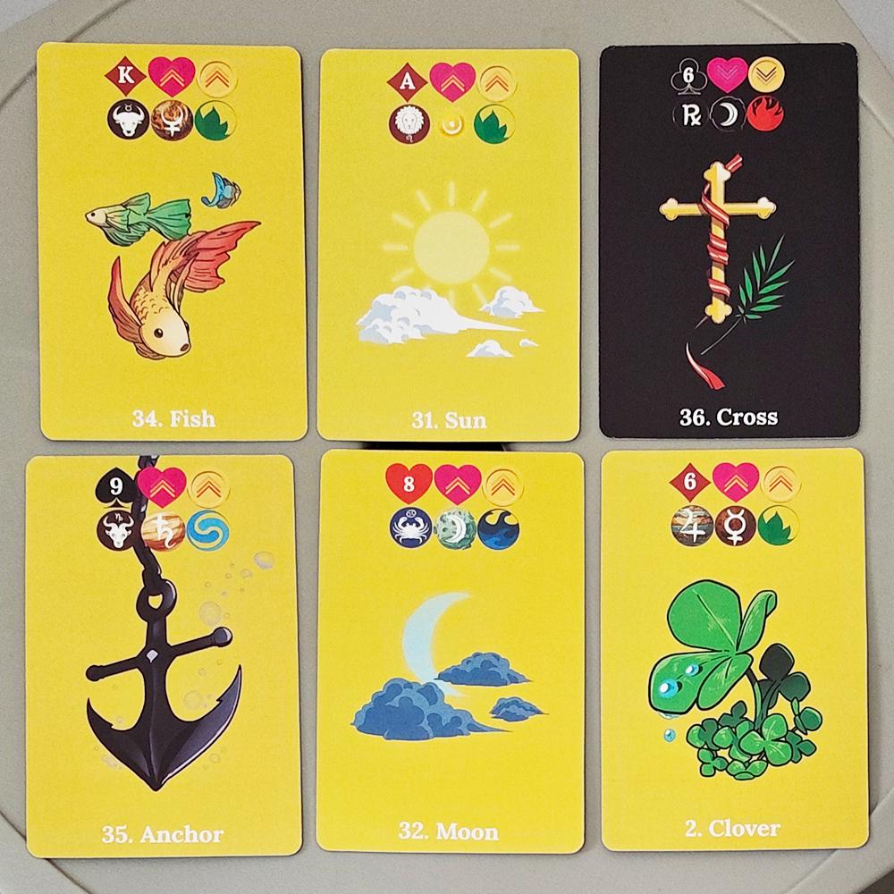 Lenormand Lucky Pro Balíček – 36 Tradičních Karet 9*6cm s Astrologickými, Planetárními & 4 Elementárními Symboly, Barevně Kódované Významy