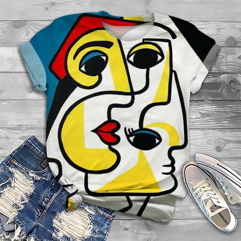 Camiseta Estampada 3D Cara Abstracta de Verano para Mujer Camisetas de Manga Corta Ropa de Calle Harajuku Camisetas Largas Y2k Ropa para Mujer