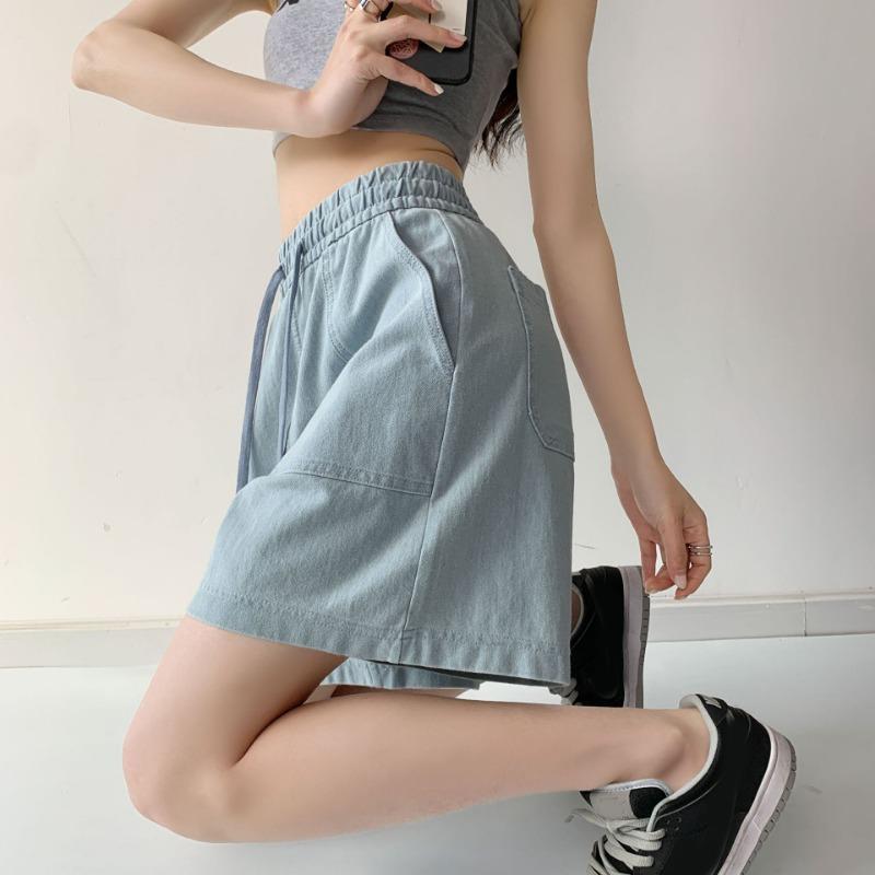 Letnie Damskie Luźne Szorty Jeansowe Modne Kieszenie ze Sznurkiem Szerokie Nogawki Szorty Denim Eleganckie Szorty Jeansowe A-line Casualowe Plisowane Szorty ze Stanem 948