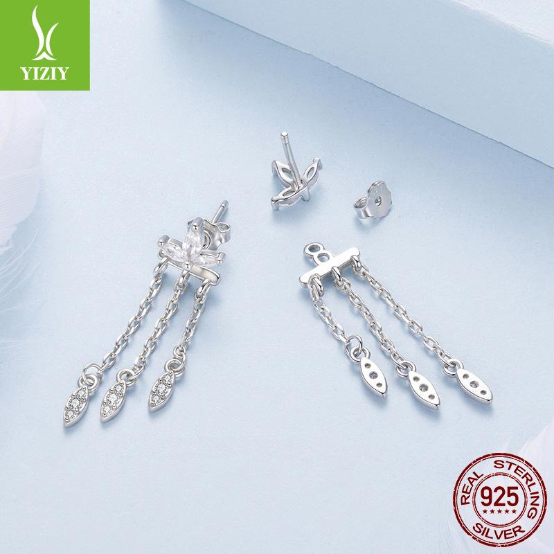 S925 Sterling Silver Small Flower Fringed Front And Rear Structure Stud Earrings Light Luxury Smart Fairy Wind Stud Earrings