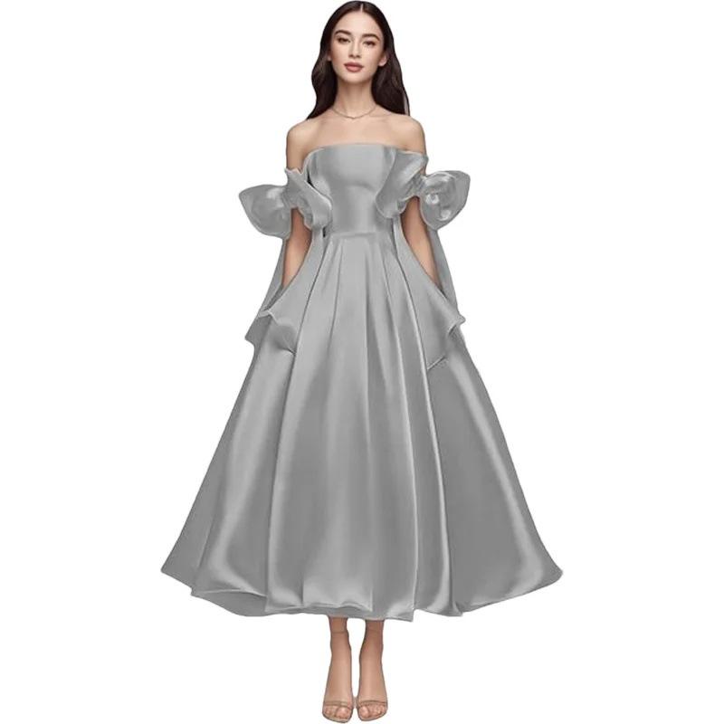 Elegant One-Shoulder Cross-Body Light Wedding Dress with Lace-Up Back and Puffy Skirt