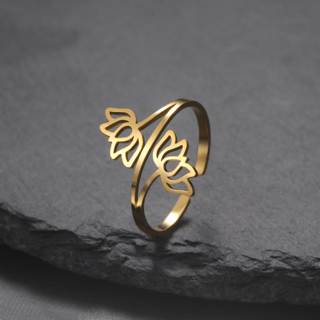 Fashionable hollow double lotus opening ring stainless steel irregular minimalism Bohemian lotus eternal ring yoga couple gift