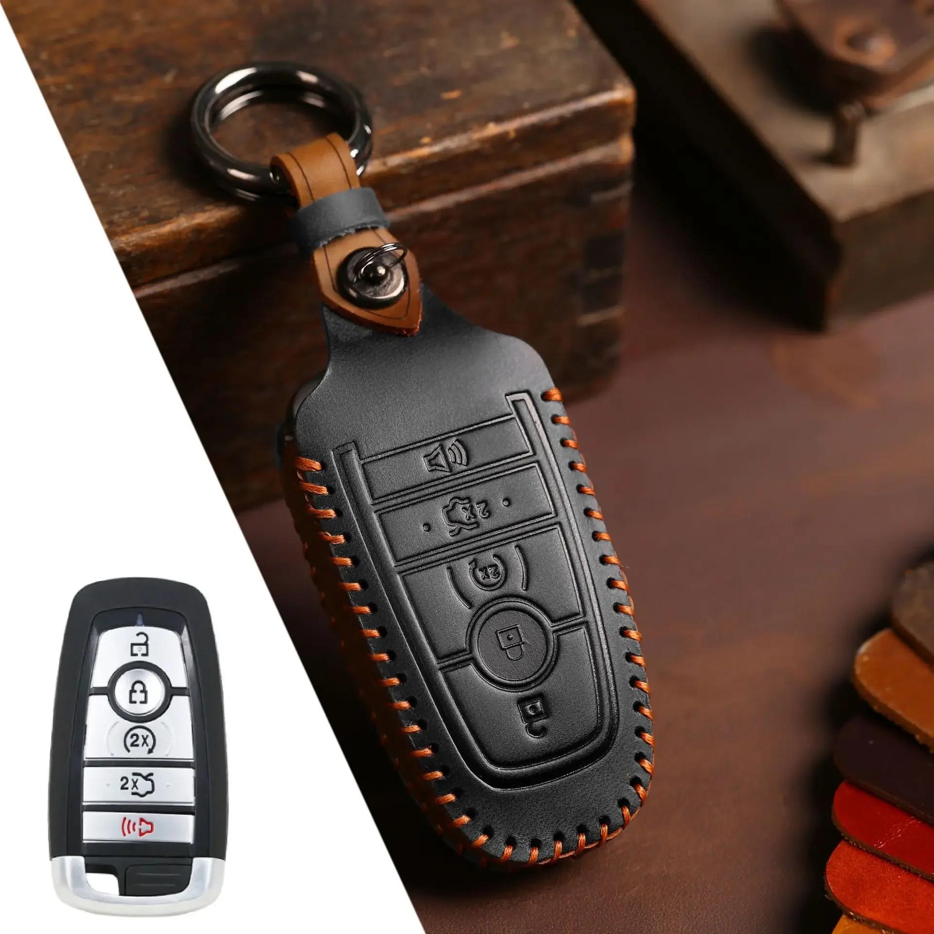 

Leather Car Key Case Cover for Ford EcoSport Edge S-MAX Ranger Lincoln Mondeo Fusion Mustang Explorer F150 F250 F350 2017 2018 чорний