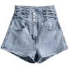 Damen Hellblaue High-Waist A-Linien Denimshorts: 2025 Koreanischer Sommerstil, Elastischer Bund, Lässiges Schwarzes Weitbein-Design